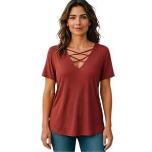 MAURICES Women's Burgundy Top with Crisscross Detail Size L